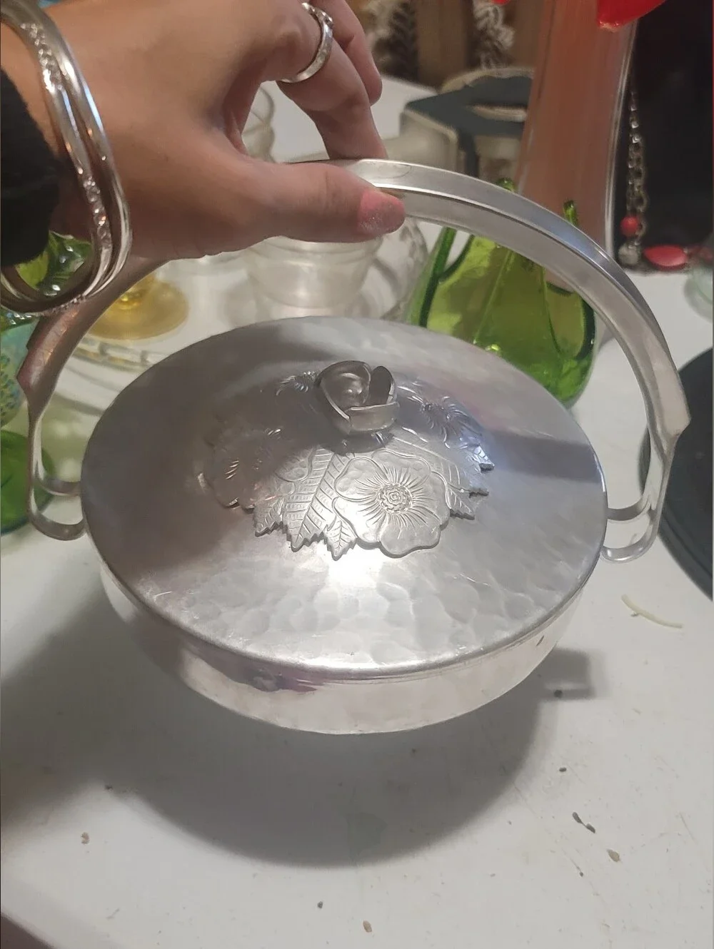 Vintage Wild Rose F1003 Hammered Aluminum Candy Dish w/ Bale Handle/ Bridal